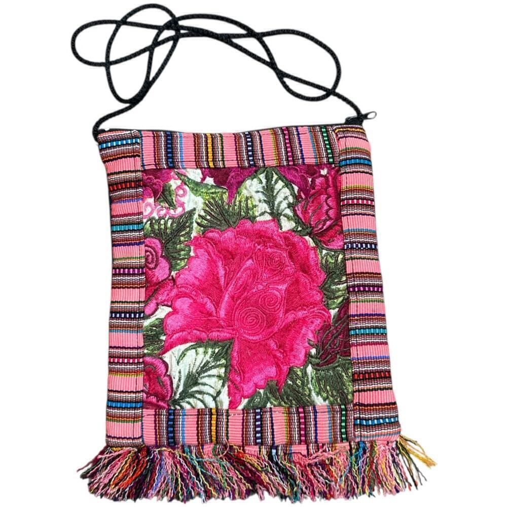 Pink Multicolor Flower Embroidery Fringe & Zip Closure Crossbody Bag 7.5" x 8.5"